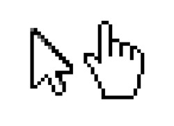 Cursor icons made in pixel art style. Pointer arrow and hand.