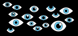 Many cartoon eyes stare out of the darkness. A conceptual illustration of paranoia, surveillance, and the theme of privacy.