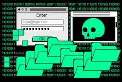 Computer screen with binary code on dark background. Concept of malware, ransomware and virus program.