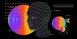 Abstract geometric composition with 3D polygonal model of a human head. Sci-fi futuristic vector illustration.