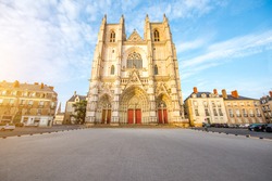 Sunset view on the saint Pierre cathedral in Nantes city in France
