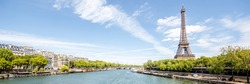 Landscape panoramic view on the Eiffel tower and Seine river during the sunny day in Paris