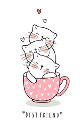 Draw adorable cat sleep in cup of tea pink pastel color.Doodle style.