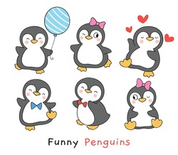 Draw vector illustration character design funny penguins Cartoon style