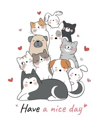 Draw vector illustration design funny animals cat dog bunny with love Doodle cartoon style