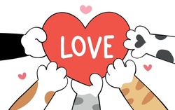 Draw vector illustration design cat paw with red heart for valentine Doodle cartoon style