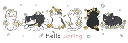 Draw vector illustration character design funny cat with flower for spring Doodle cartoon style