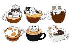 Draw vector illustration collection coffee cats Cafe concept Doodle cartoon style