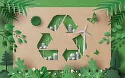 Recycle Symbol with many building and green leaves, save the planet and energy concept, paper illustration, and 3d paper.
