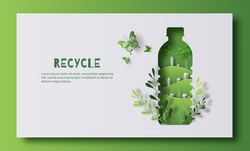 A bottle of water with a green city inside, the idea is to recycle old plastic bottles, think green, paper illustration, and 3d paper.