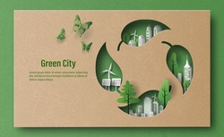 A leaf recycling symbol with green city, ecology and energy concept, paper illustration, and 3d paper.