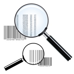 Illustration of two magnifying glasses of different sizes over bar codes enlarging the print showing the commercial inventory identification and pricing data - conceptual of investigation or research