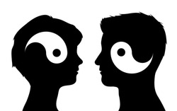 Yin yang symbols in man and woman head silhouettes, relationship concept, vector illustration