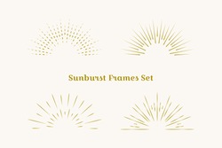 Sunburst frames set. Retro gold Sun burst shape. Vintage explosion logo, label, badge. Firework design element. Old light rays, starburst. Retro, vintage, hipster, boho style.