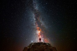 Man on top of a mountain observing the universe