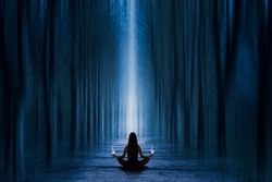 Woman doing yoga and meditation a surreal forest