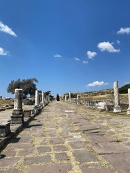 Columns in the Sanctuary of Asclepion, the ruins of Pergamon lower city. Bergama (Izmir region), Turkey (Turkiye) First health center in ancient era
