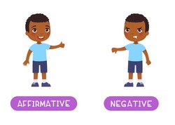 Affirmative and negative antonyms word card, Opposites concept. Flashcard for English language learning. Joyful African little boy shows thumbs up in agreement, a disgruntled dark skin child shows
