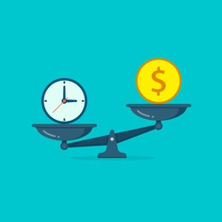 Time vs money on scales illustration. Money and time balance on scale. Weights with clock and money coin. Vector isolated concept icon.