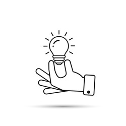Hand holding light bulb outline icon. Business idea concept. Vector illustration.