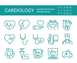 Set of icons of cardiology. Vector icon as ecg, doctor, pacemaker, heartbeat, heart outline pictogram. Editable vector stroke. 64x64 Pixel Perfect.