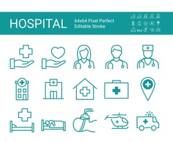 Set of line icons of clinic, hospital. Editable vector stroke. 64x64 Pixel Perfect.