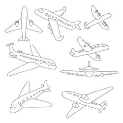 Set of doodle airplanes. Hand draw icons