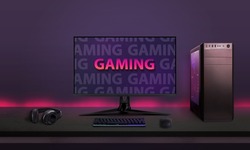 Modern desktop gaming setup on desk with led lights in background. Modern gaming font concept on computer display
