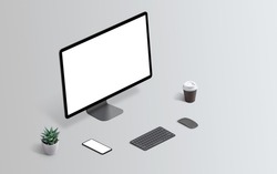 Computer display mockup on gray surface isometric position. Smart phone mockup on desk, keyboard, mouse, coffee and plant beside. Copy space