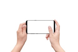 Isolated hand and mobile phone. Woman holding modern smart phone with isolated screen for mockup.
