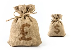 Two full bags of money, isolated in perspective on a white background. Pounds and dollars. Burlap. The concept of perspective.