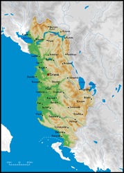 High detailed Albania physical map with cities, rivers, lakes and topography - Vector illustration