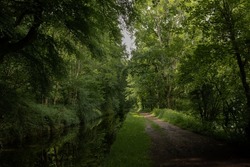 A footpath runs directly parallel with a canal through the Welsh countryside. lush green verdant trees grow in abundance in the pleasant natural surroundings of the Brecon and Monmouth canal