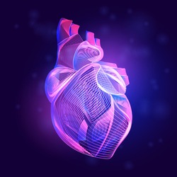Human heart medical structure. Outline vector illustration of body part organ anatomy in 3d line art style on neon abstract background