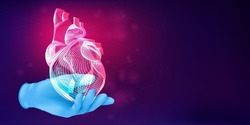 3D human heart silhouette on a doctor's hand in a blue rubber glove. Anatomical medical concept with the wireframe of a human organ on abstract background. Vector illustration in neon lineart style