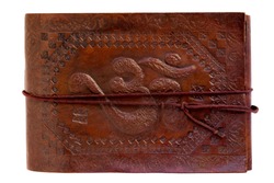 aum leather notebook India travel, white background, isolated