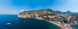 Wide panorama. Sorrento coast, Aerial view of the Meta bay. One of the most expensive resorts. beautiful Italy landscape. Sea, luxury boats, mountain tourist city, Vacation and travel. Summer day