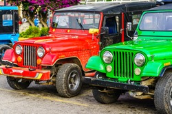 View on colorful jeeps in the historical center of Salento, Colombia