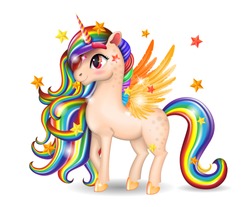 3D Pony Unicorn Character with Big Eyes, Golden Wings and Hooves, Iridescent Hair (Mane, Tail), Isolated on White Background, Cartoon Personage Hand Drawn, Vector Realistic Illustration for Childrens