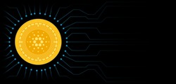 Cardano (ADA) cryptocurrency coin symbol. Blockchain technology. Golden Cardano coin on black circuit board background. Vector illustration