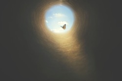 colorful butterfly finds its way out of a dark tunnel, concept of freedom