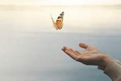 butterfly flies free from a woman's hand