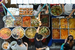 Top view of a Thai street food ,The market in Thailand is full of food. And will sell on the street.Food Street Market in Bangkok offers delicious food. Buy multiple items