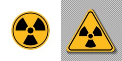 Radiation Hazard sign, symbol, icon, logo. Circle and triangle yellow sign of radioactive threat alert on white and trasparent background. Vector illustration