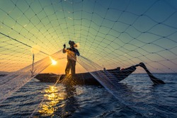 Fisherman net sunset Silhouette boat