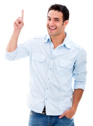 Excited man pointing a great idea - isolated over a white background