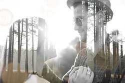 Double exposure of lovely romantic couple in nature for Valentine