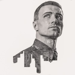 Double exposure of a city and professional businessman portrait looking up