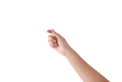 Close up of one beautiful female caucasian hand holding a pointing stick isolated on white background. Anonymous adult woman holds hand as if showing something virtual and invisible between fingers.