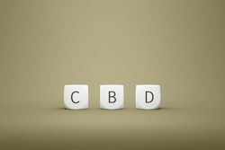 White plastic tiles with CBD sign in green background, 3d rendering. Letter cubes with sign of cannabis oil, health supplements, natural treatment concepts